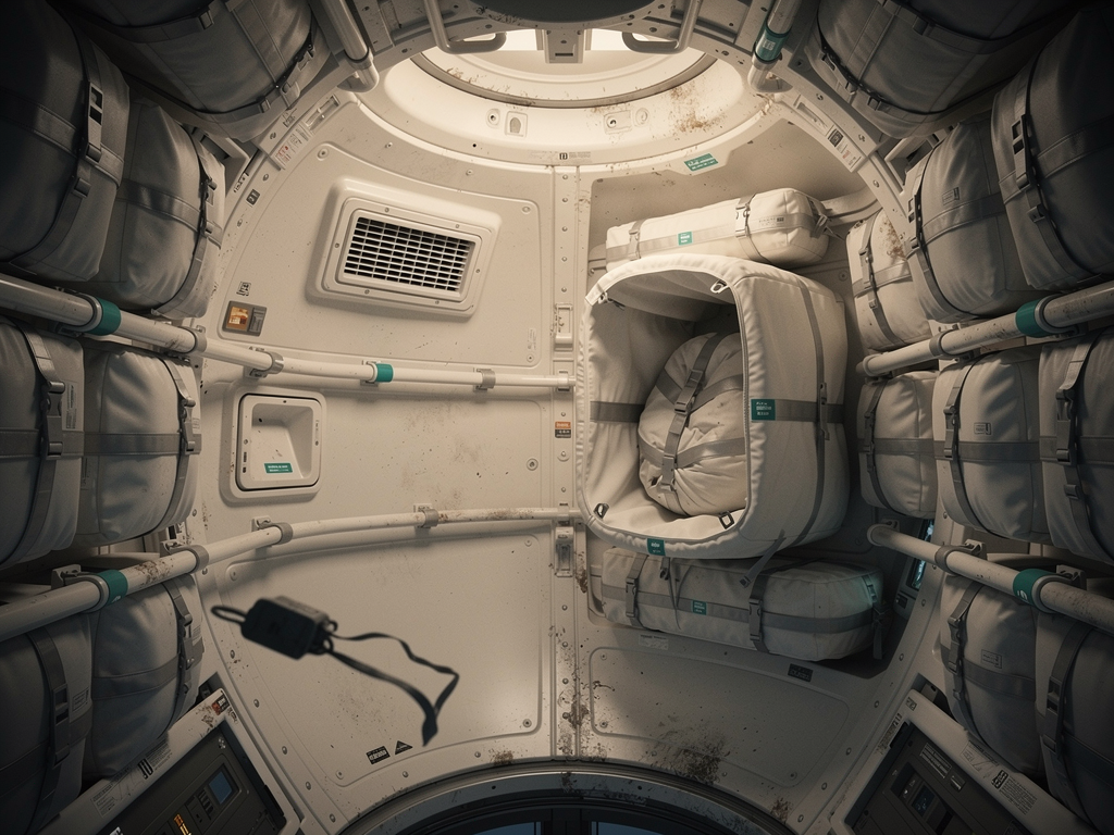 Concept illustration: compact interior of a cylindrical habitation module in warm light, stowage bags strapped to the walls, worn handholds, a small tethered sleeping enclosure