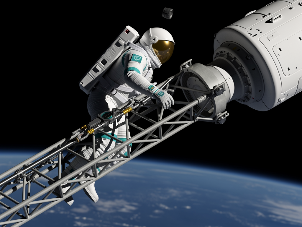 Concept illustration: a suited worker, anonymous behind a reflective visor, clipped by tethers to the outside of a grey truss, holding a handrail beside a white module, hard side light and blue Earth below