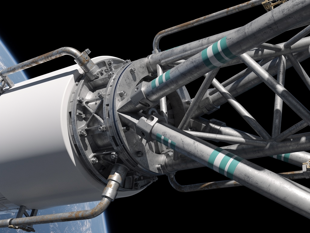 Concept illustration: close view of a grey truss node where lattice members meet, with a clamp holding a white cylinder, handrails and restrained teal marks in hard side light