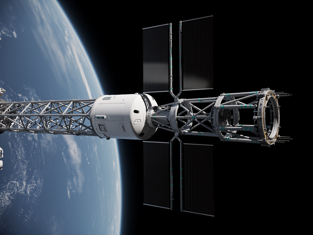 Concept illustration of an unfinished orbital station: a long grey truss with a single matte white habitation cylinder and dark radiators above a blue Earth, lit hard from one side, with an empty place for a future connection