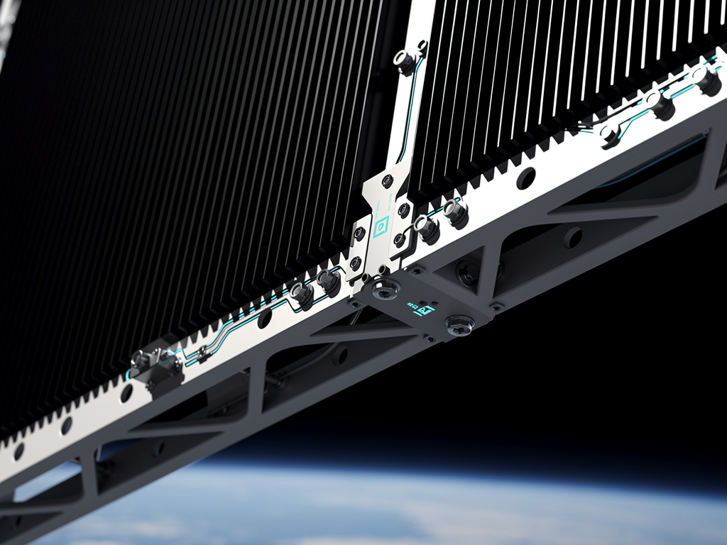 Concept illustration: a dark ribbed radiator panel seen close up on a grey truss, fluid lines and hinges catching hard sunlight, teal marks on the fittings
